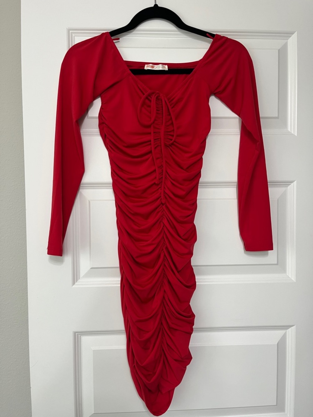 Ruched Red Long-Sleeve Midi Dress with Front Tie